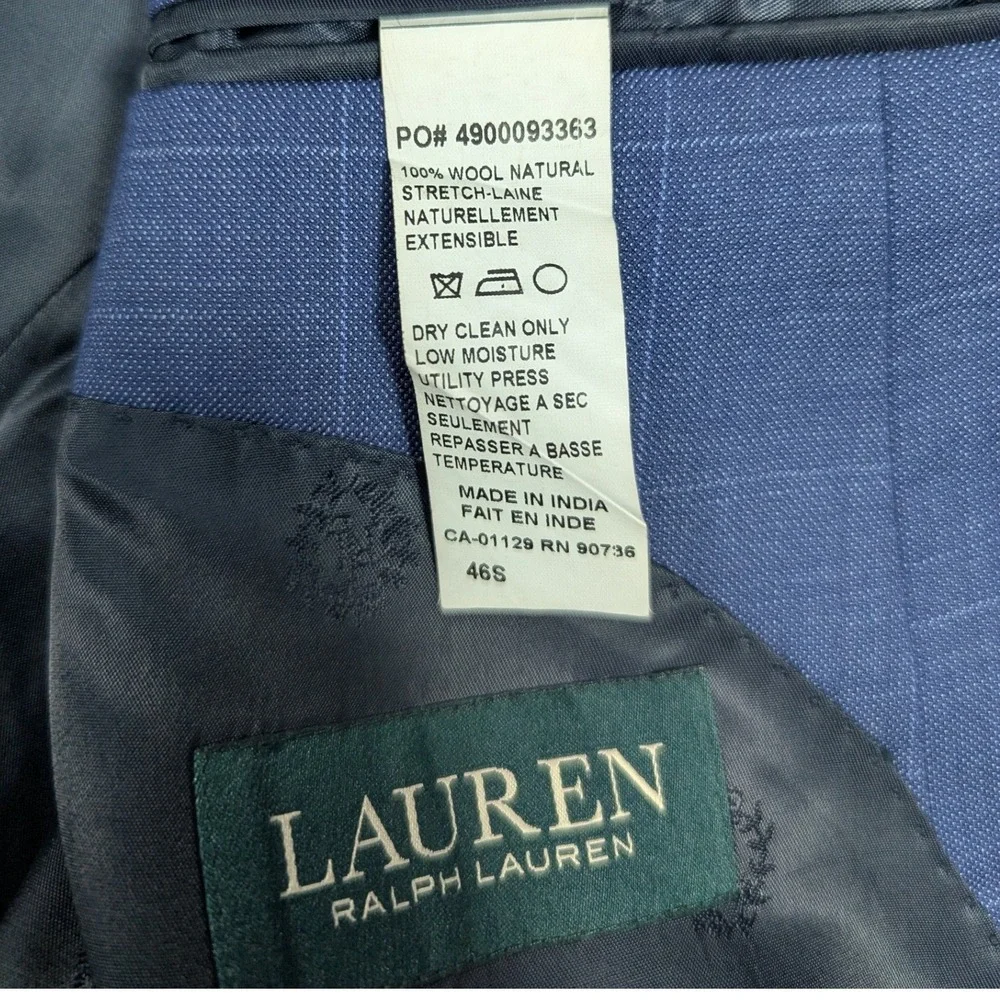 Lauren Ralph Lauren Mens Blue Windowpane 100% Wool 2-Piece Suit 46S 40W 28L